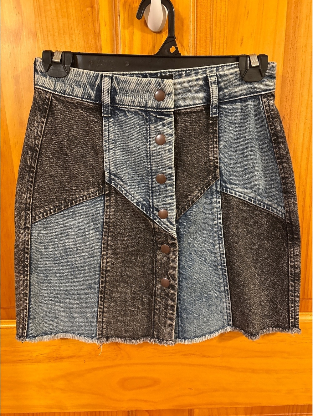 90s Edgy Boho Indie Festival Rails Oakwood Acid Patchwork Denim Mini Skirt